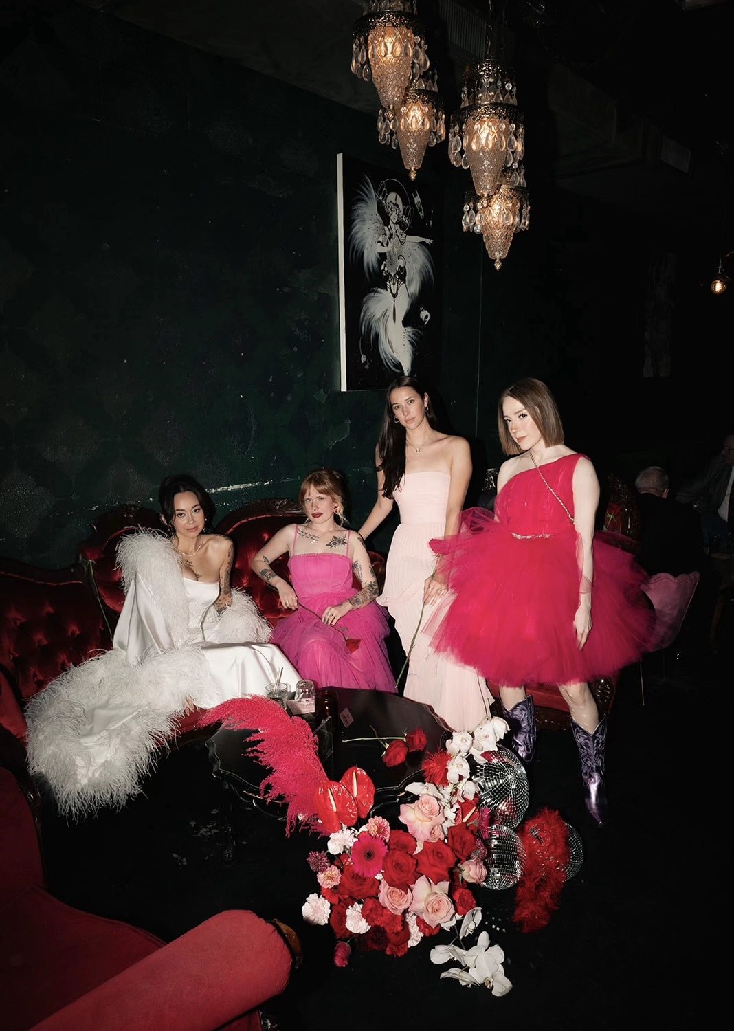 Editorial floral installation at an event with guests